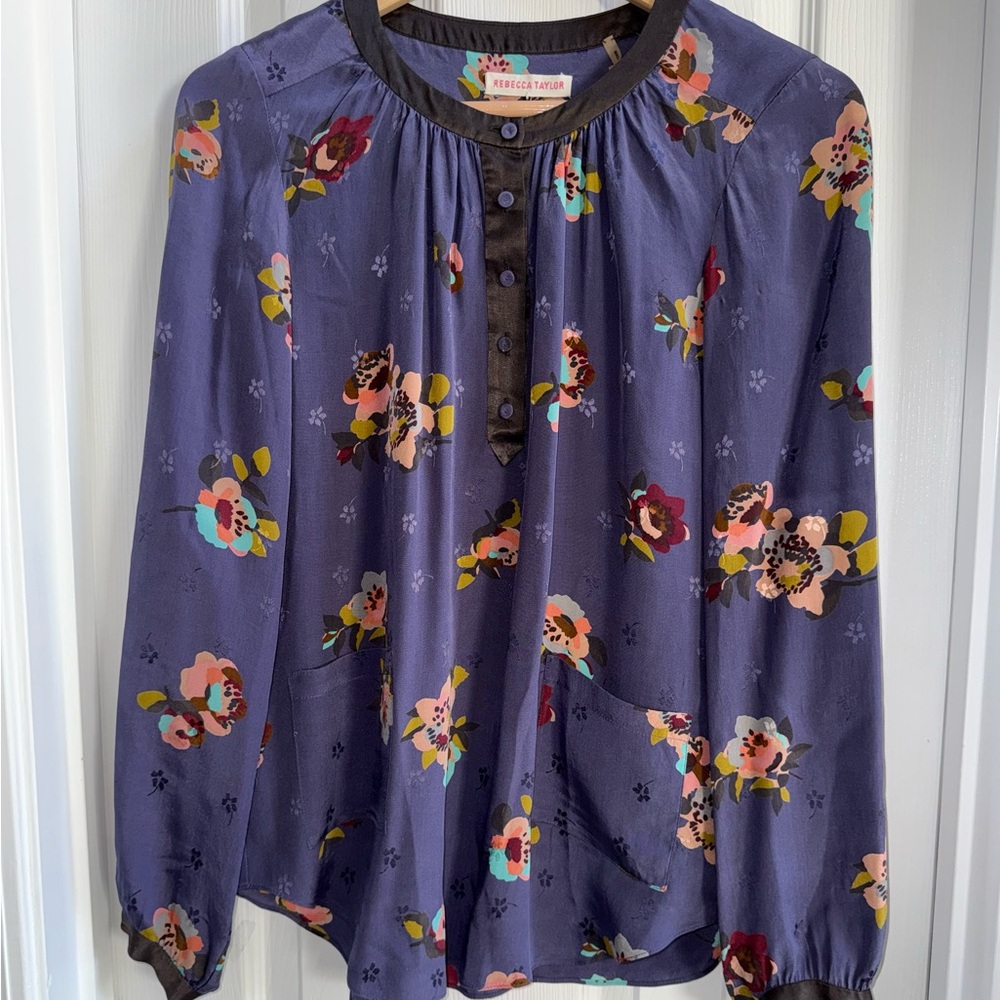 Rebecca Taylor Long Sleeve Floral Blouse 6 Silk Blend Feminine Purple Elegant - Picture 1 of 9